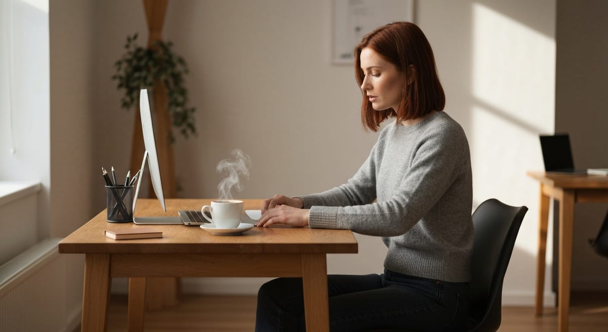 A person doing a quick 30-minute daily job search on a laptop with coffee
