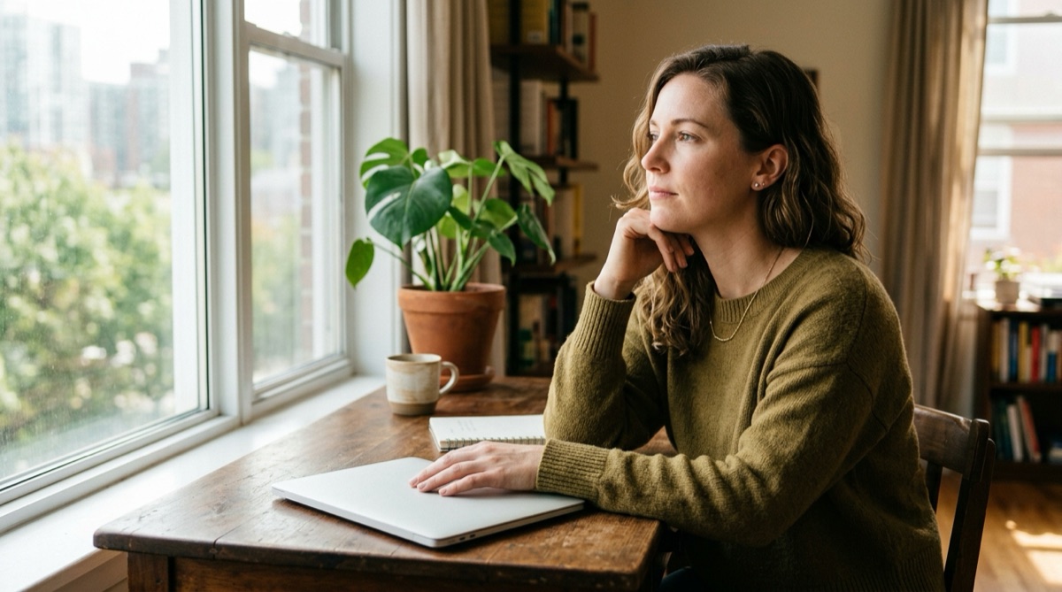 A job seeker pausing at her laptop, deciding whether to apply for a role she doesn't fully match
