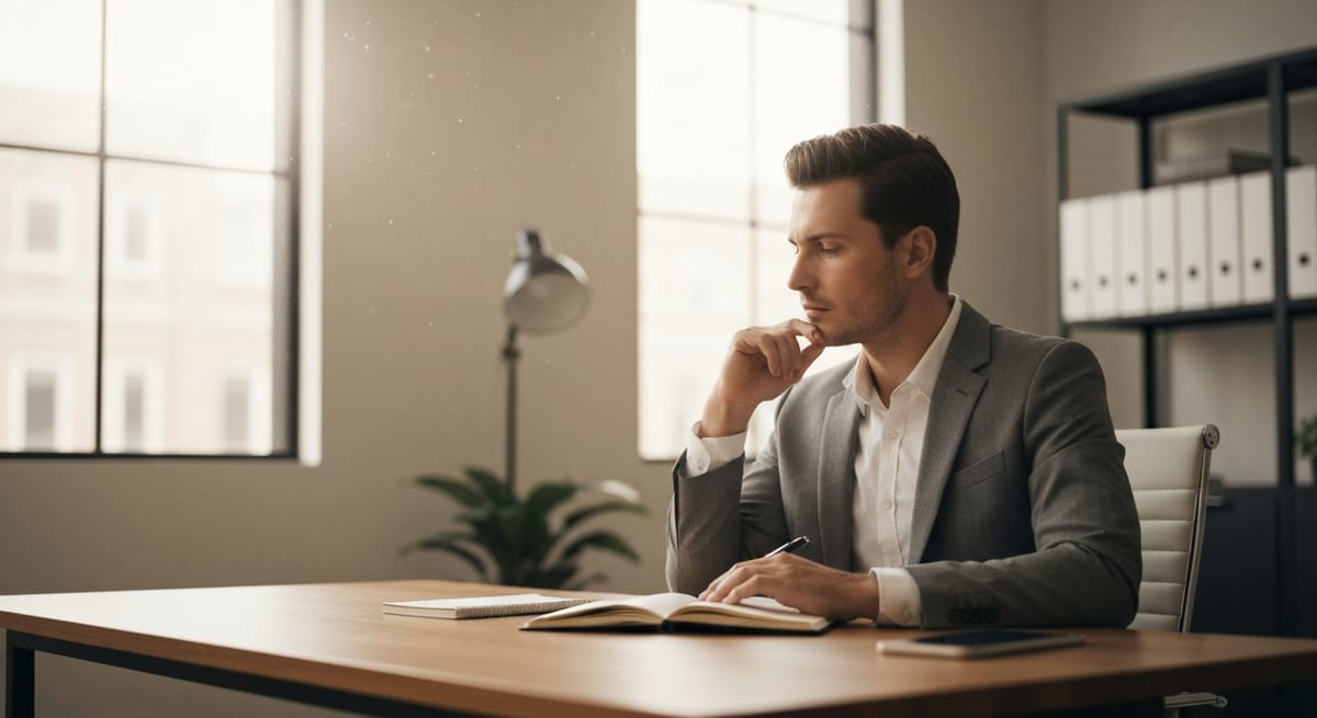 A mid-career professional planning a career change at a laptop