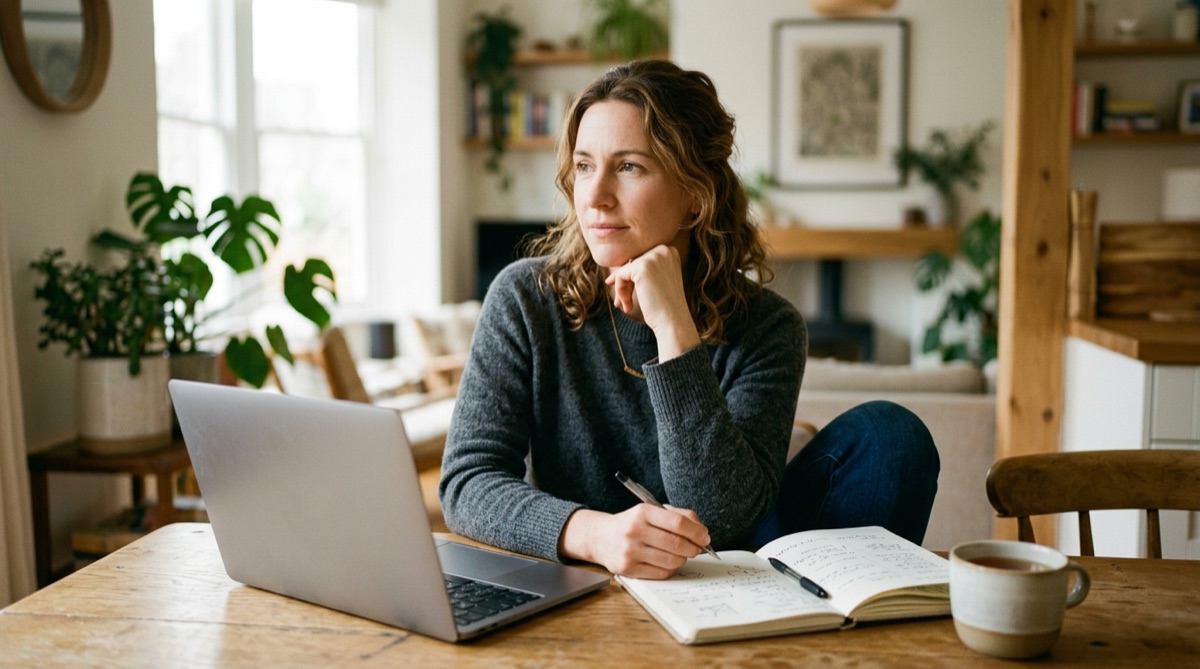 A professional returning to work after a career break, planning a job search at a kitchen table