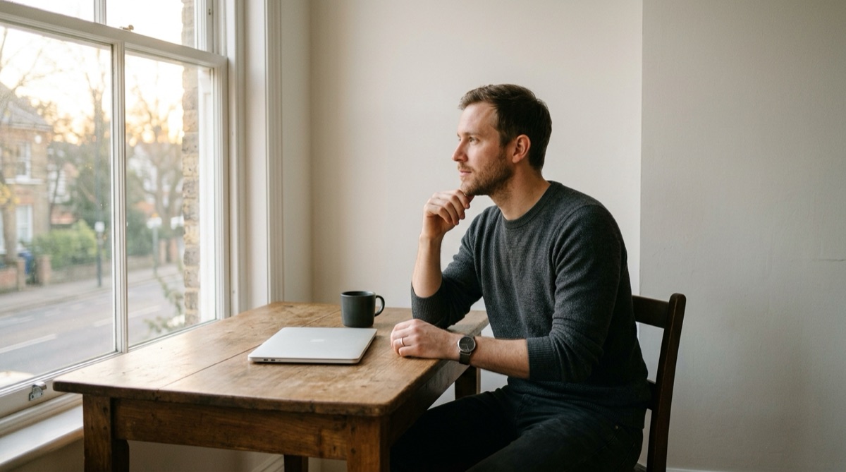 A job seeker sitting patiently at a table by a window during a long job search