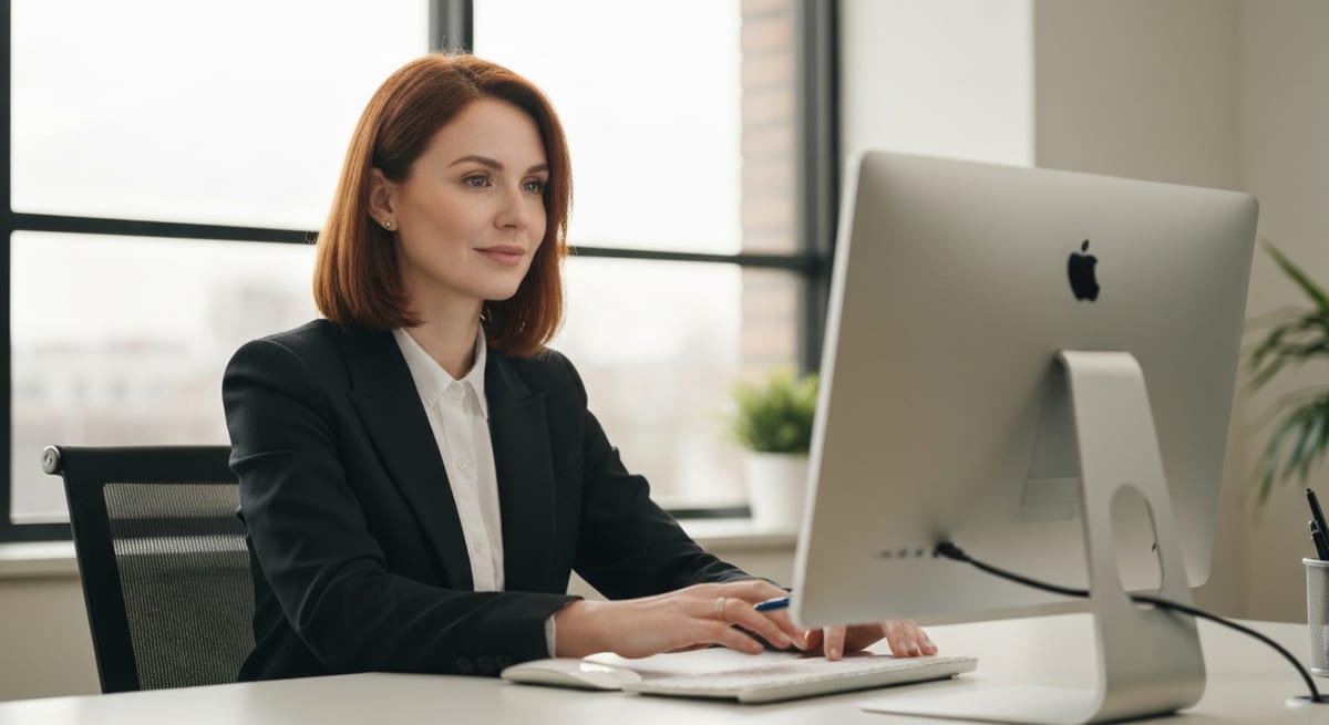 A professional sending a polite follow-up email on a laptop