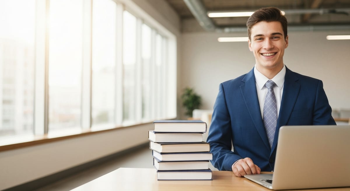 A confident new graduate job searching on a laptop