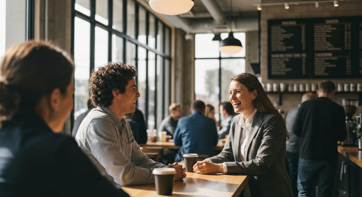 A recruiter and a hiring manager talking in a modern office