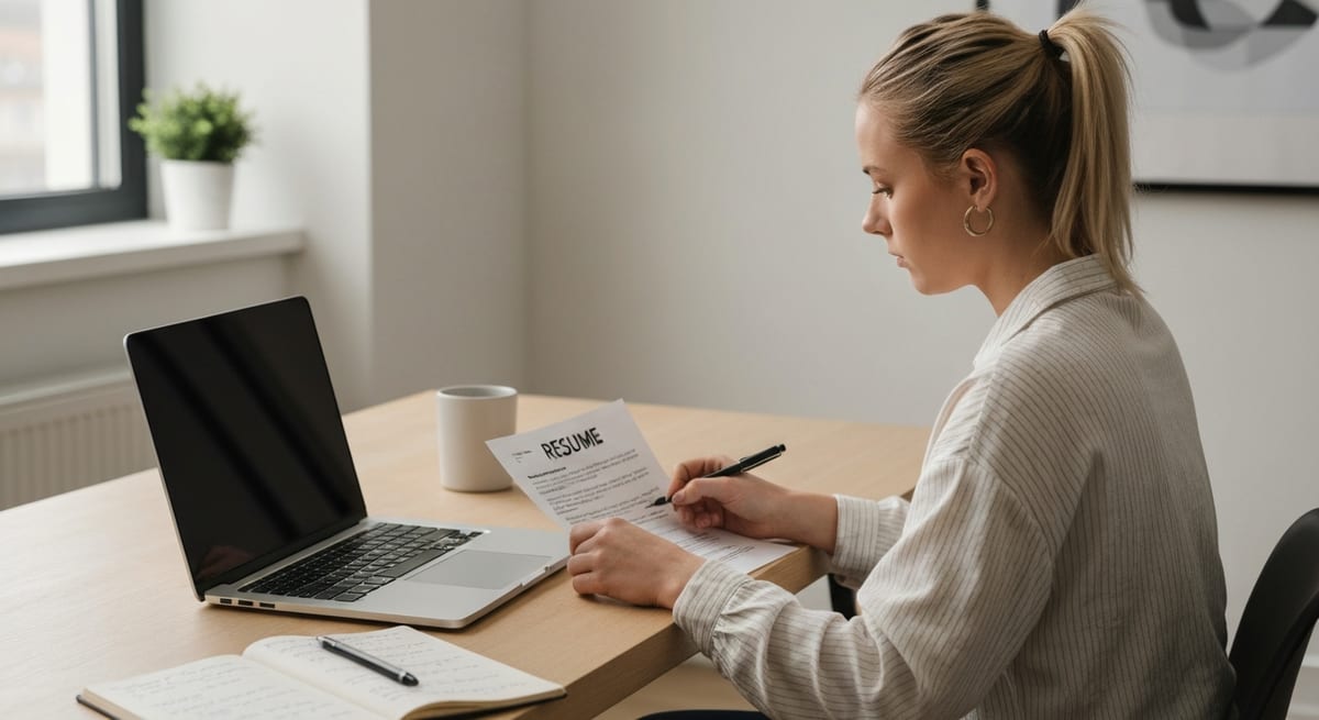 A person tailoring their resume to a job on a laptop