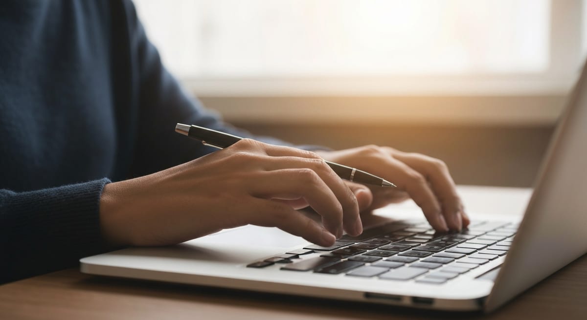 Hands typing a cover letter on a laptop in a calm workspace