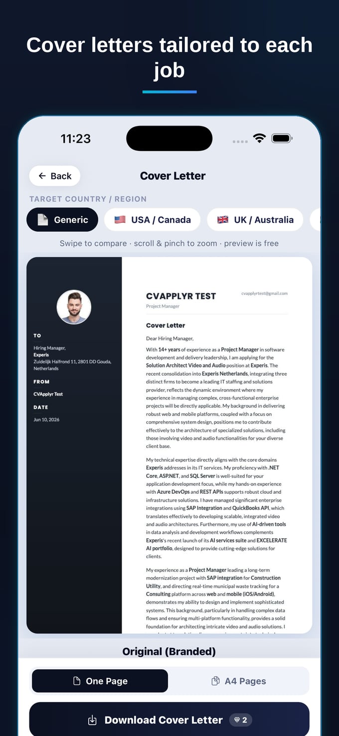 CVApplyr cover letter preview with country/region formatting picker
