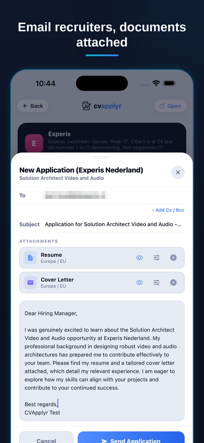 CVApplyr email to a recruiter with resume and cover letter attached