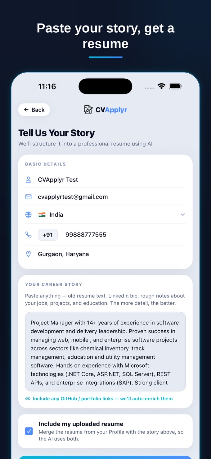 CVApplyr building a fresh resume from your story