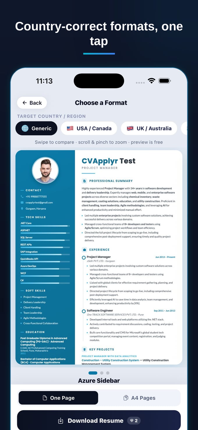CVApplyr resume preview with country-correct formats and template picker